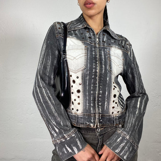 Vintage 2000's Downtown Girl Grey Denim with White Striped Bleach Zip Up Jacket with Eyelets (M)