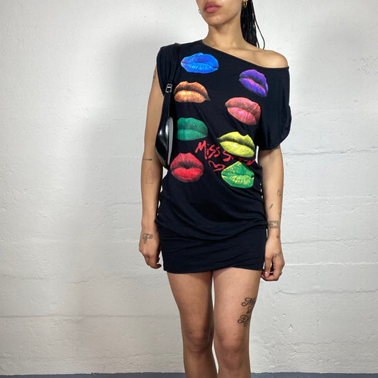Vintage 2000's Archive Miss Sixty Black Off Shoulder Pop Art Lips Print Mini Dress (M)