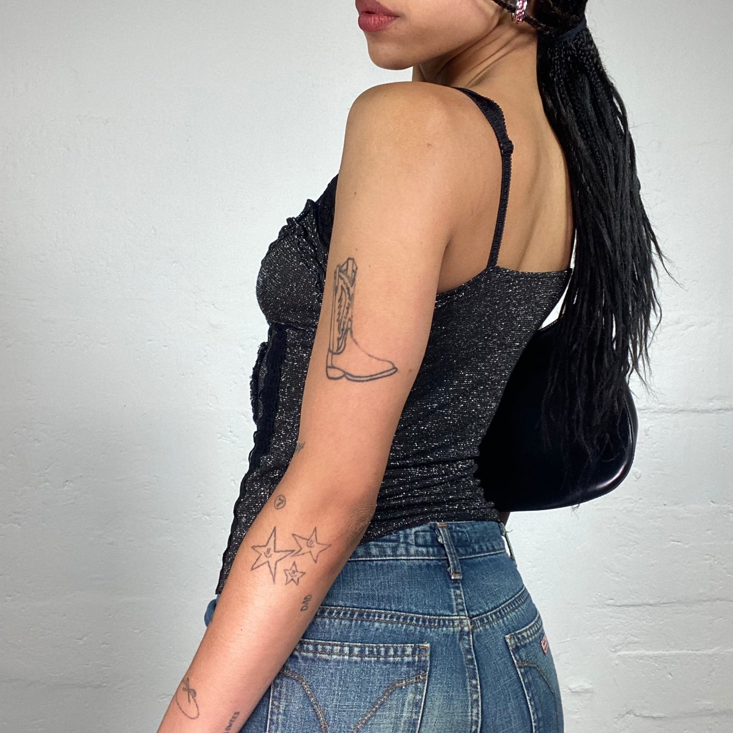 Vintage 2000's Night Out Black Shiny Glitter Jersey Cami Top with Lace Decorations (S)