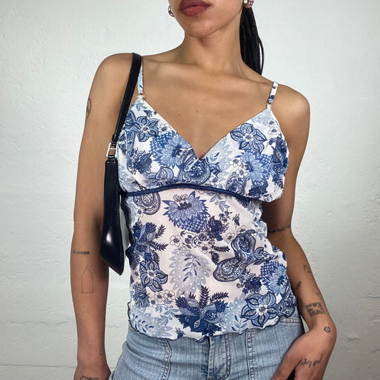 Vintage 2000’s Cute Romantic White Camisole Top with Blue Boho Style Print (M)