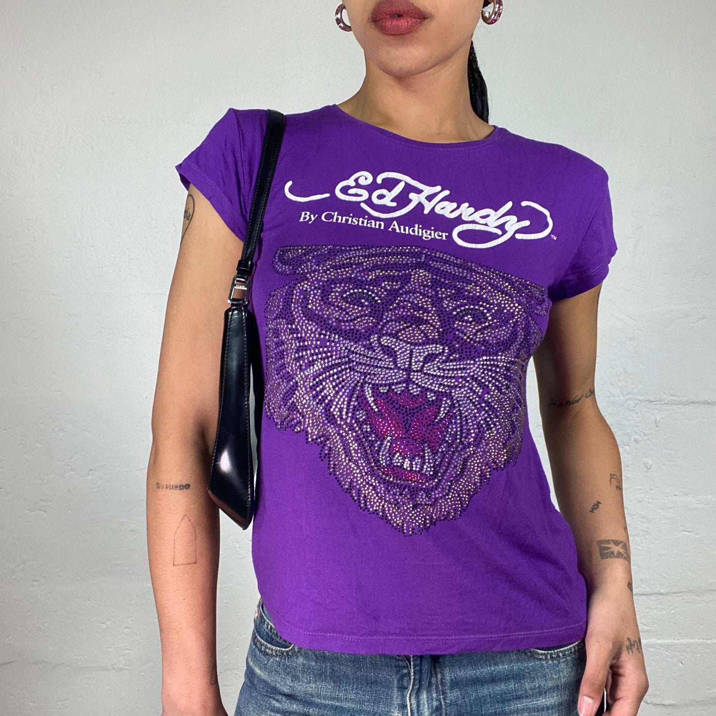 Vintage 2000's Archive Ed Hardy Purple Baby Tee with Tiger Rhinestone Embroidery (XL)