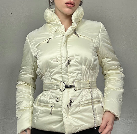 Vintage 90's Sleaze Cream Satin Jacket with Belt Detail (S)
