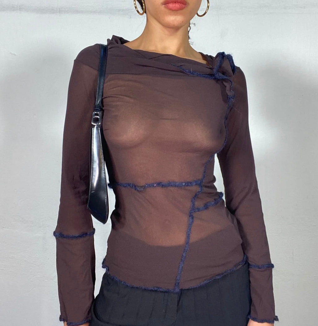 Vintage 2000's Cyber Mesh Brown Top with Visible Seam Stitching Detail (S)