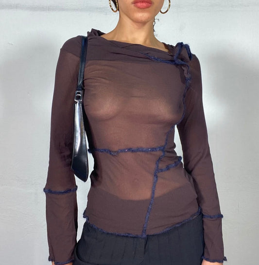 Vintage 2000's Cyber Mesh Brown Top with Visible Seam Stitching Detail (S)