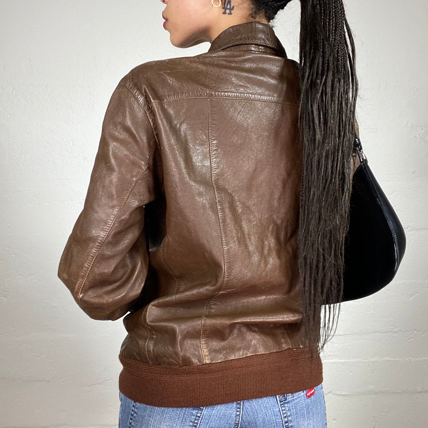 Vintage 90’s Downtown Girl Brown Leather Bomber Jacket (48)