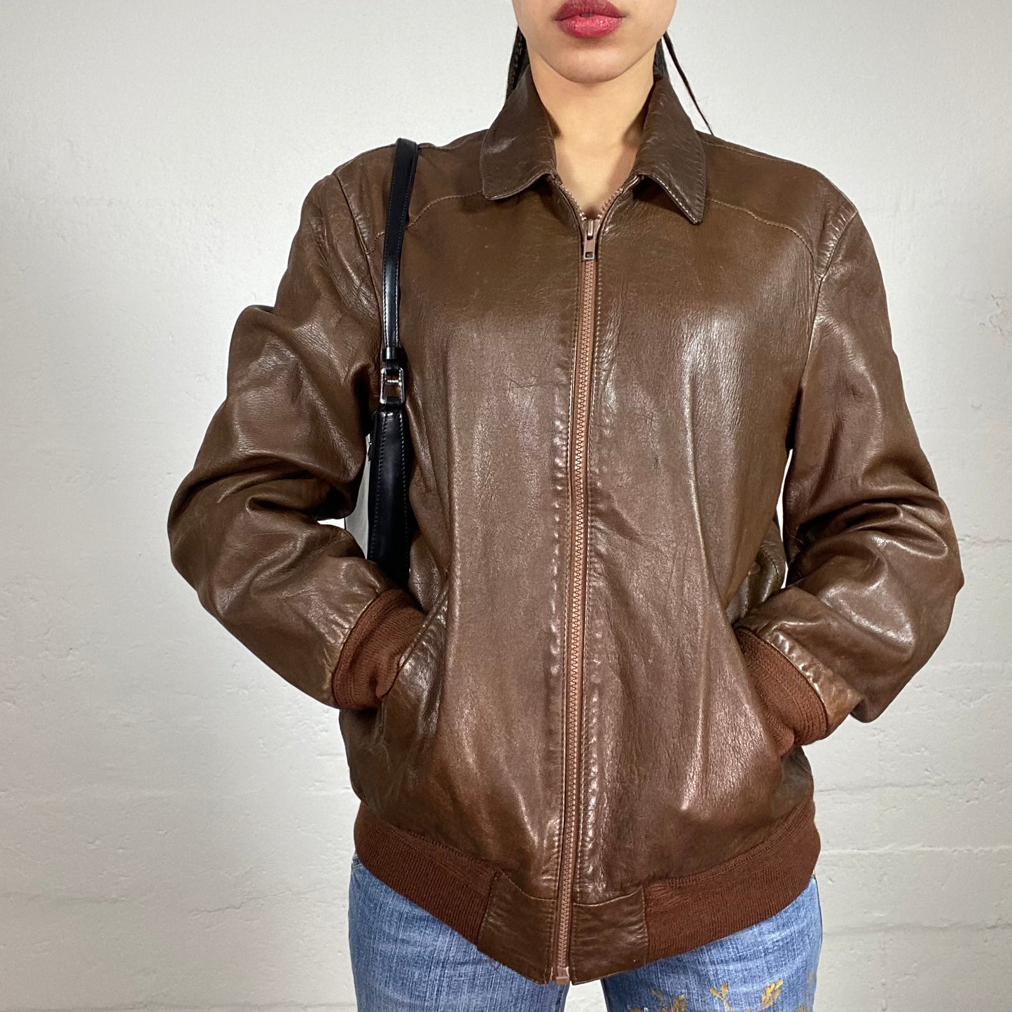 Vintage 90’s Downtown Girl Brown Leather Bomber Jacket (48)