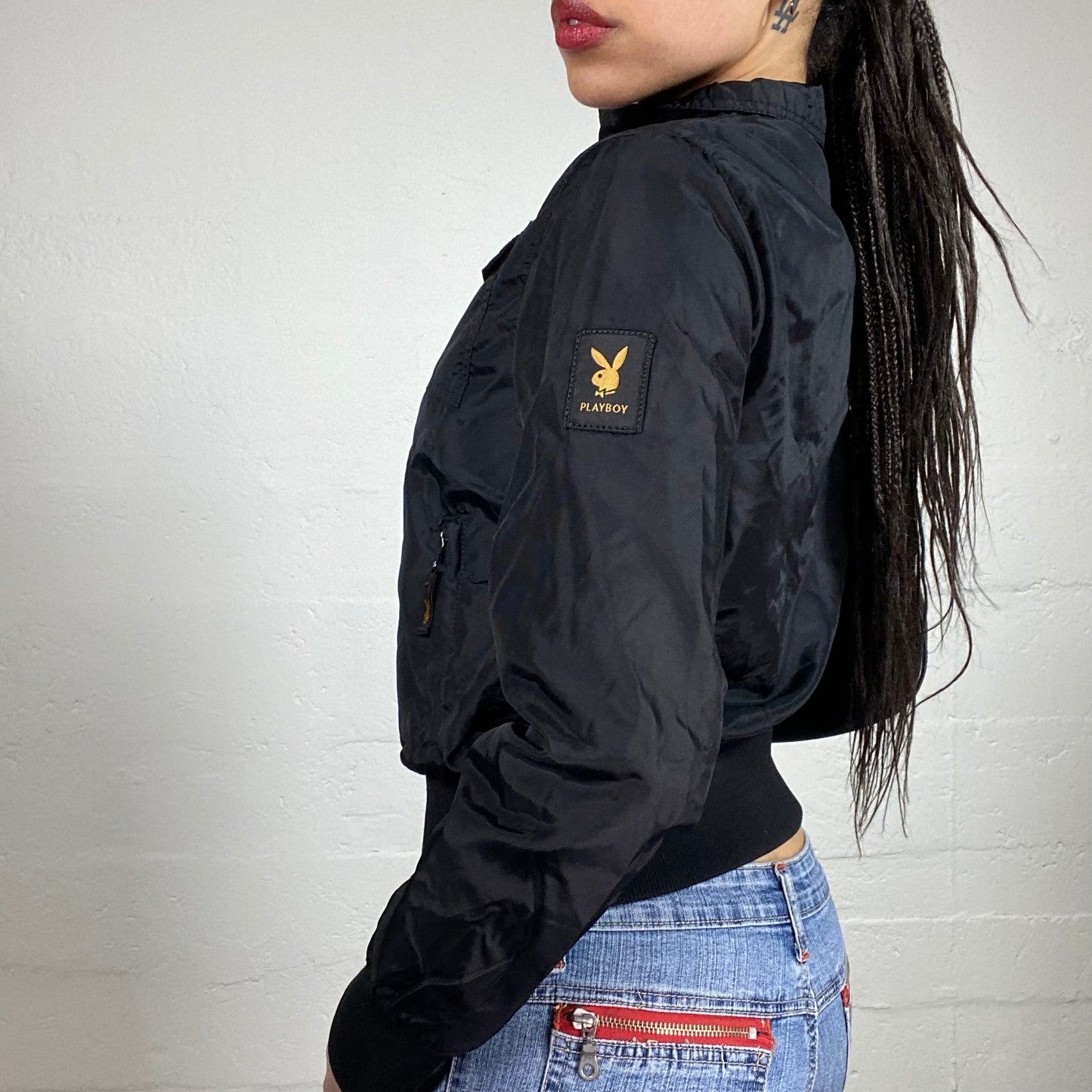 Vintage 90’s Archive Playboy Skater Girl Windbreaker Fitted Black Bomber Jacket with Sleeve Logo Embroidery (S)