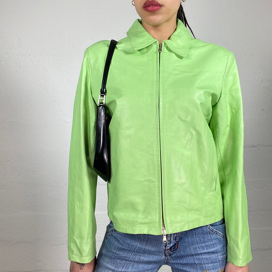 Vintage 90’s Spring Soft Girl Lime Green Zip Up Leather Jacket with Classic Collar (44)