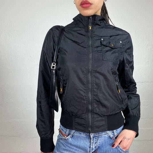 Vintage 90’s Archive Playboy Skater Girl Windbreaker Fitted Black Bomber Jacket with Sleeve Logo Embroidery (S)