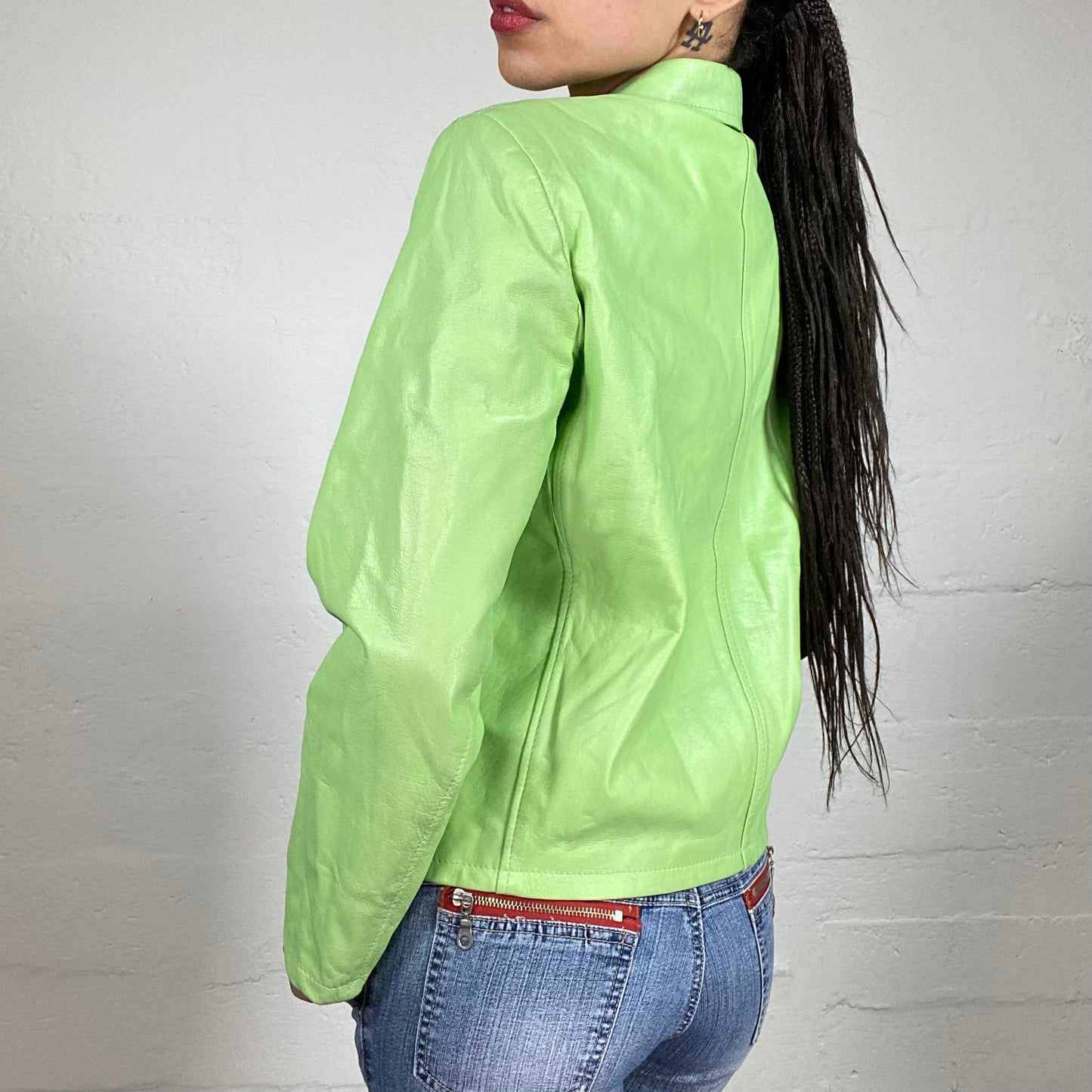 Vintage 90’s Spring Soft Girl Lime Green Zip Up Leather Jacket with Classic Collar (44)