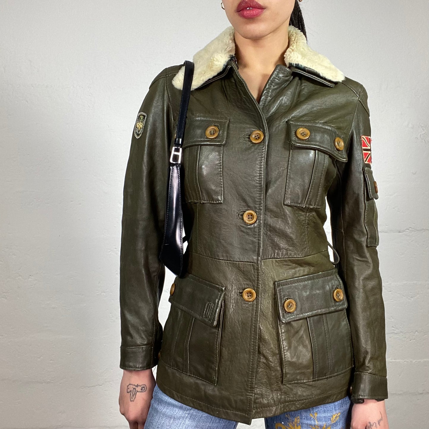Vintage 90's Uniform Style Khaki Green Button Up Leather Jacket with Teddy Fur Collar (42)