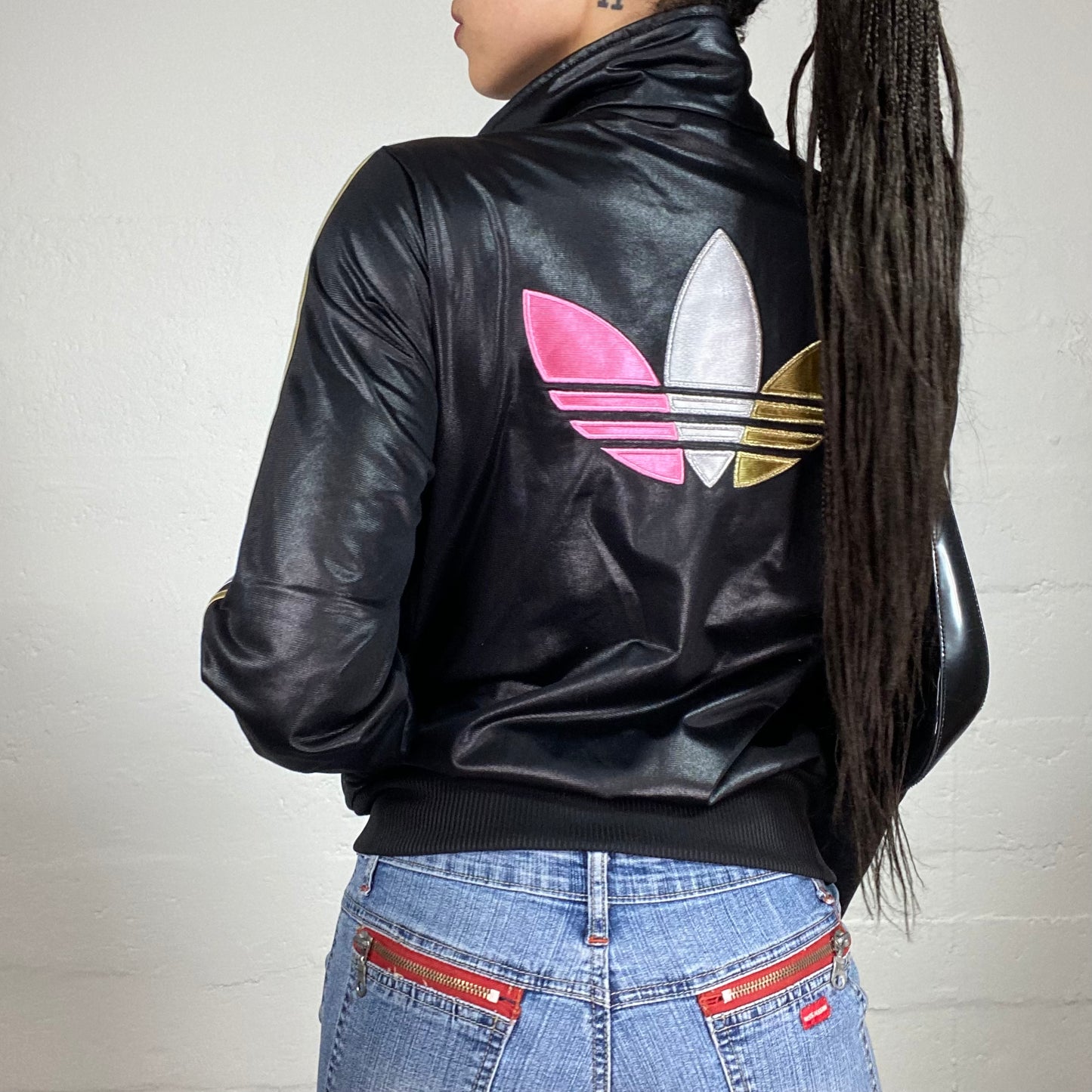 Vintage 80's Style Adidas Popstar Shimmer Black Zip Up with Pink Accents and Back Logo Embroidery (40)