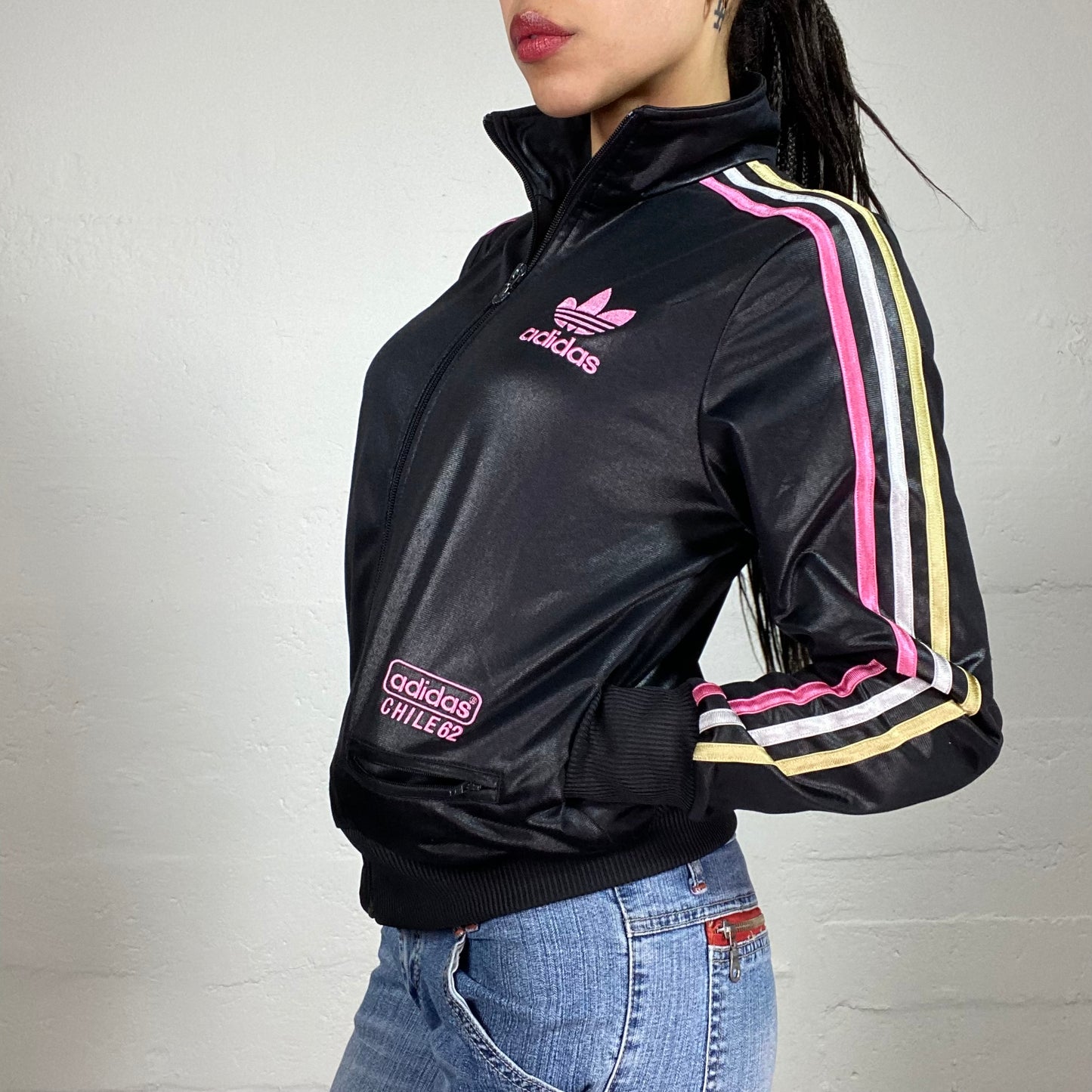 Vintage 80's Style Adidas Popstar Shimmer Black Zip Up with Pink Accents and Back Logo Embroidery (40)