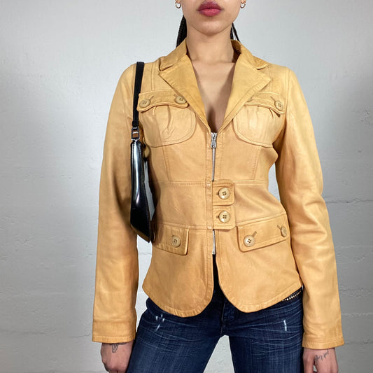 Vintage 90's Spring Light Warm Brown Leather Blazer Fit Jacket with Button Detail (46)