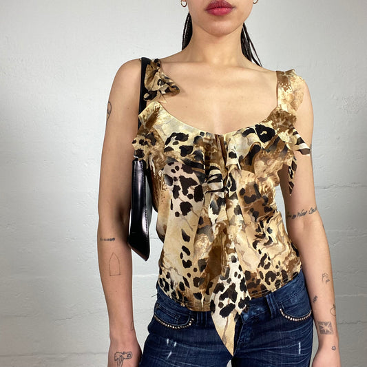 Vintage 2000’s Cheetah Girl Animal Print Brown Toned Top with Ruffle Details (S)