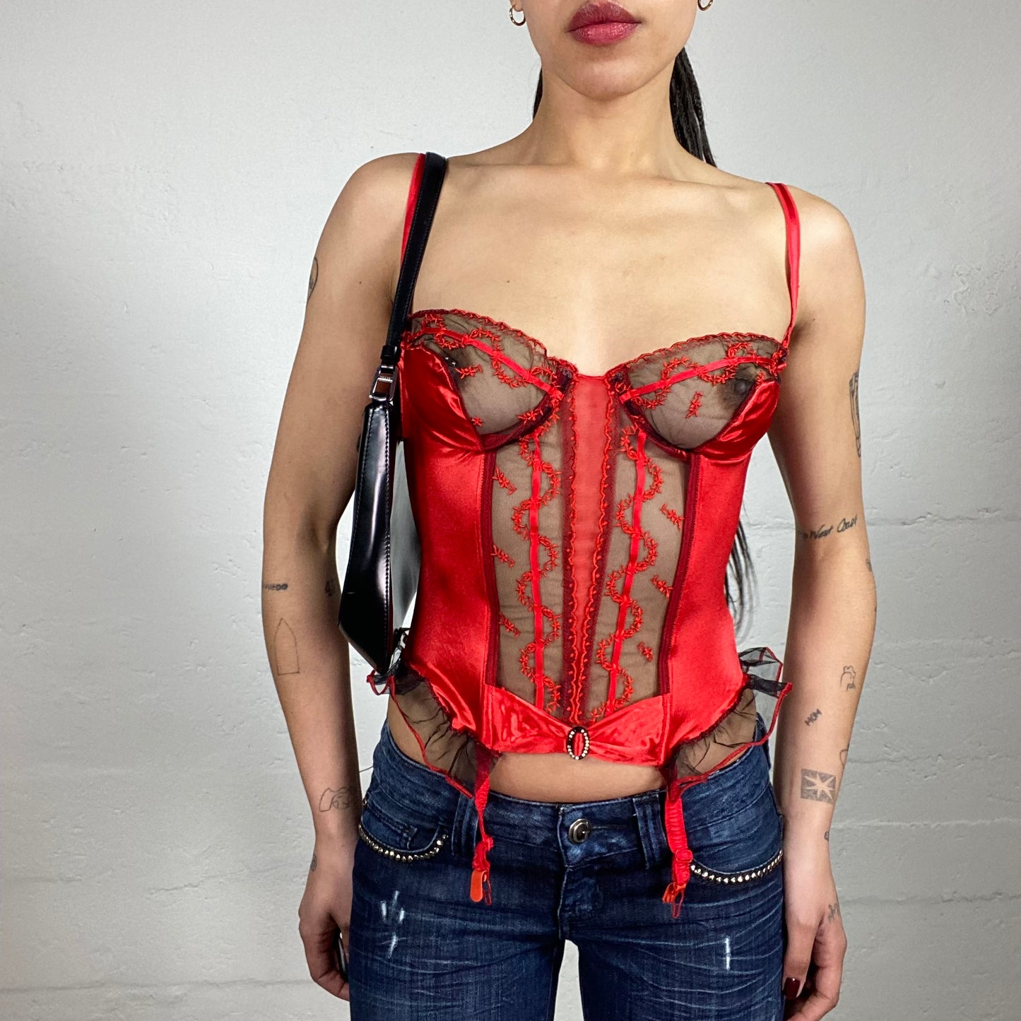 Vintage 2000’s Coquette Satin and Lace Red See-Through Corset with Ribbon and Contrast Black Ruffles (S)