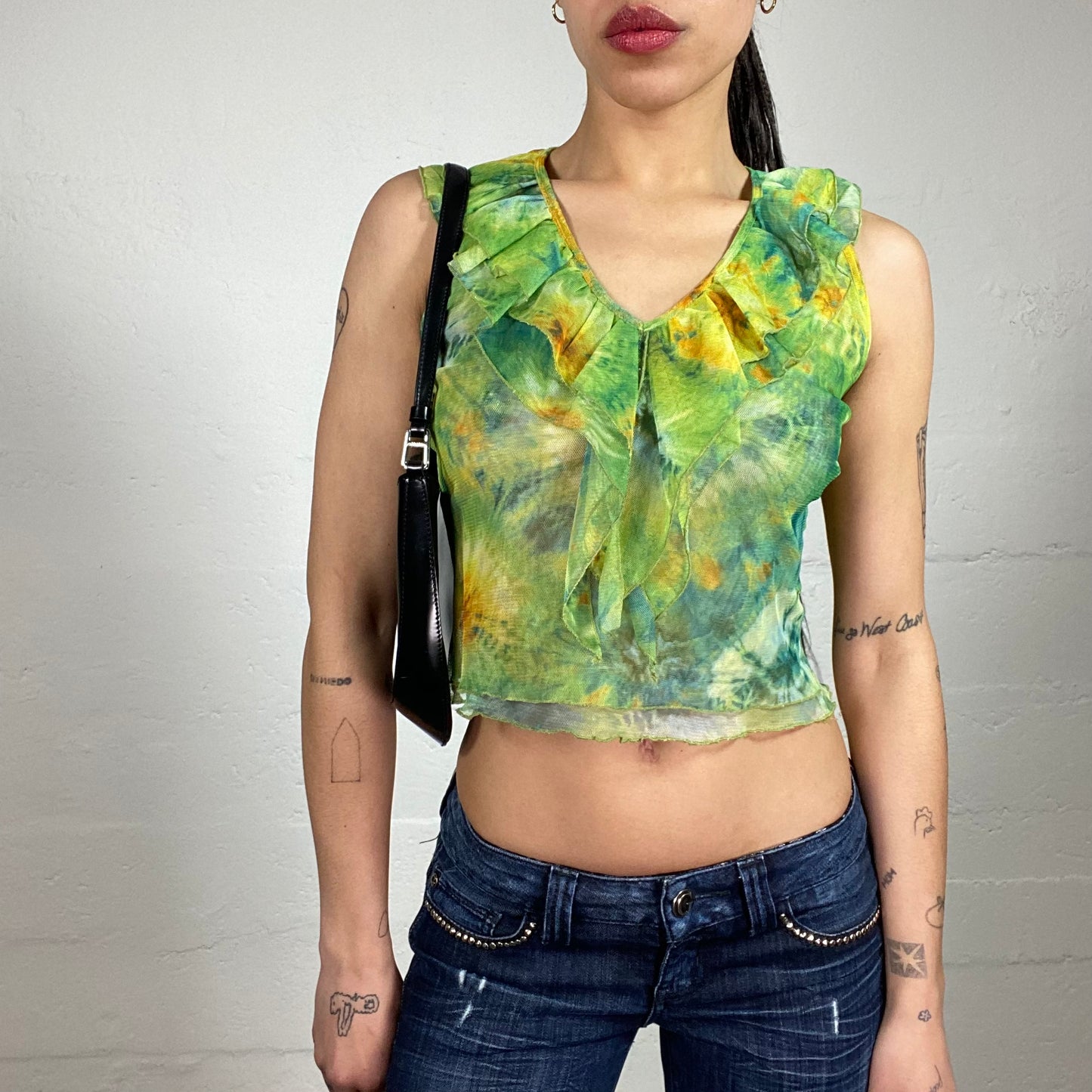 Vintage 90’s Forest Fairy Summer Mesh Green Printed Cropped Top with Ruffles (S)