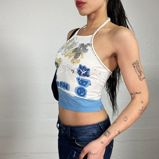 Vintage 90’s Surfer Gorl White and Blue Printed Cami Top with Flower Sewn On Embroidery (S)