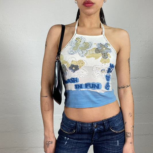 Vintage 90’s Surfer Gorl White and Blue Printed Cami Top with Flower Sewn On Embroidery (S)