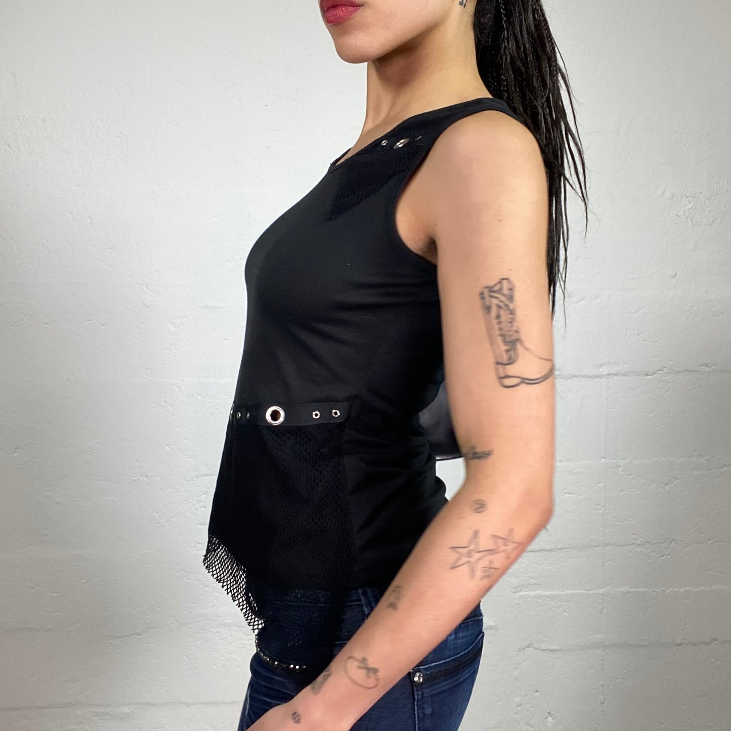 Vintage 2000’s Sporty Rave Black Fishnet Tank Top with Metal Eyelets ...