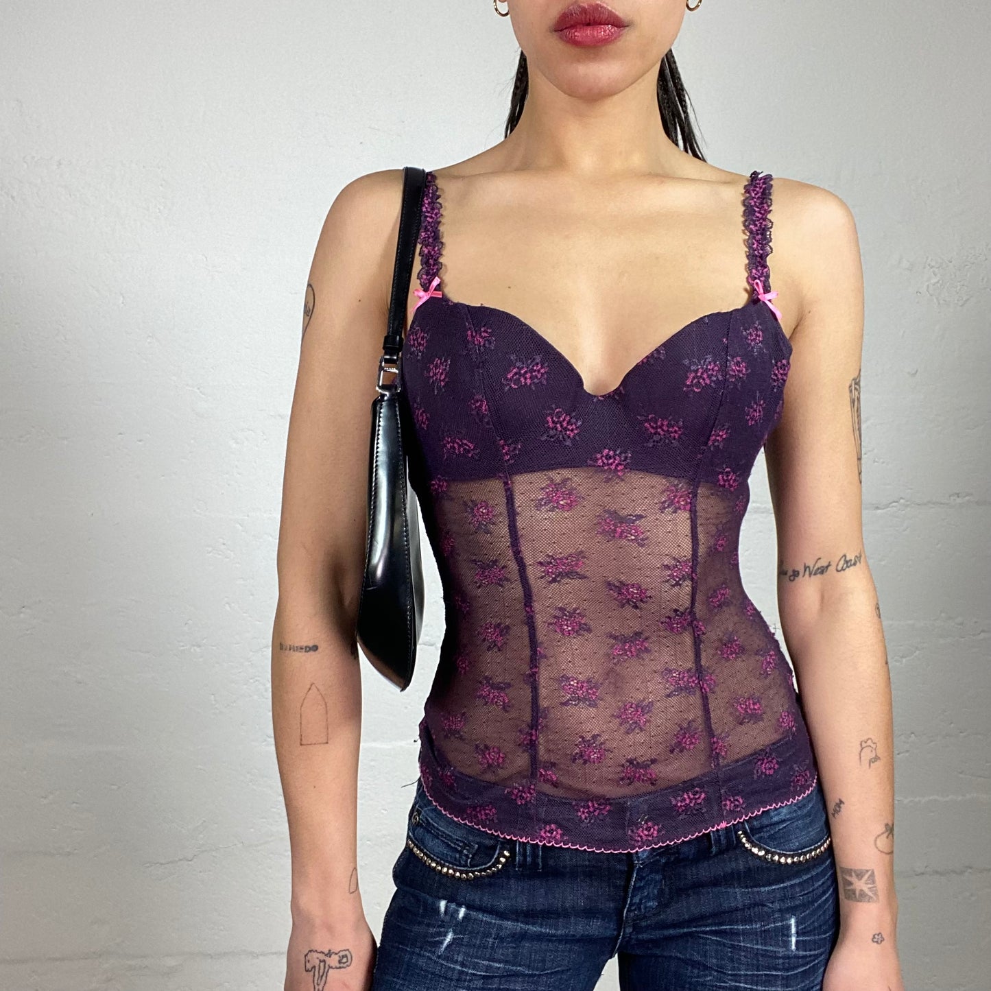 Vintage 2000’s Intimissimi Coquette Romantic Mesh See-Through Purple Lingerie Corset Top with Floral Print