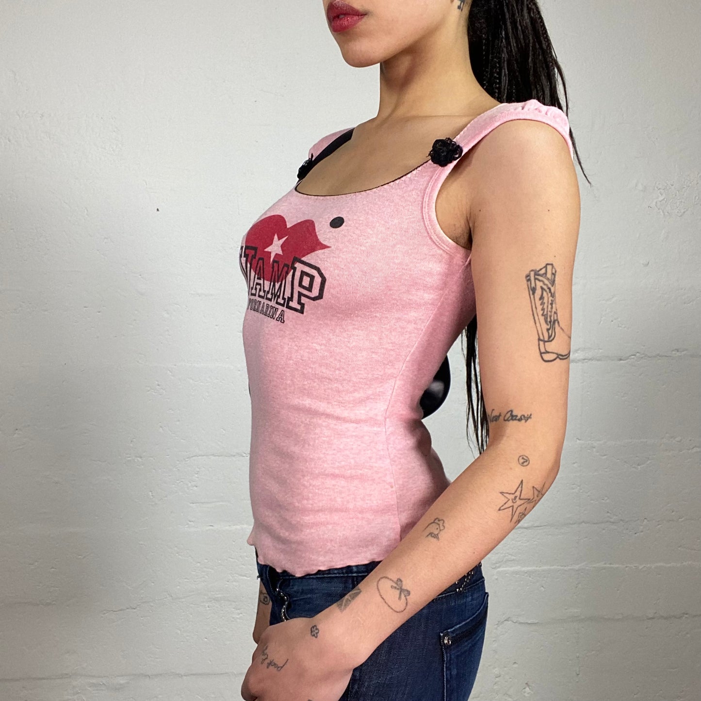 Vintage 90’s Coquette Pink Tank Top with Micro Sleeves and Vamp Typography Print (S)