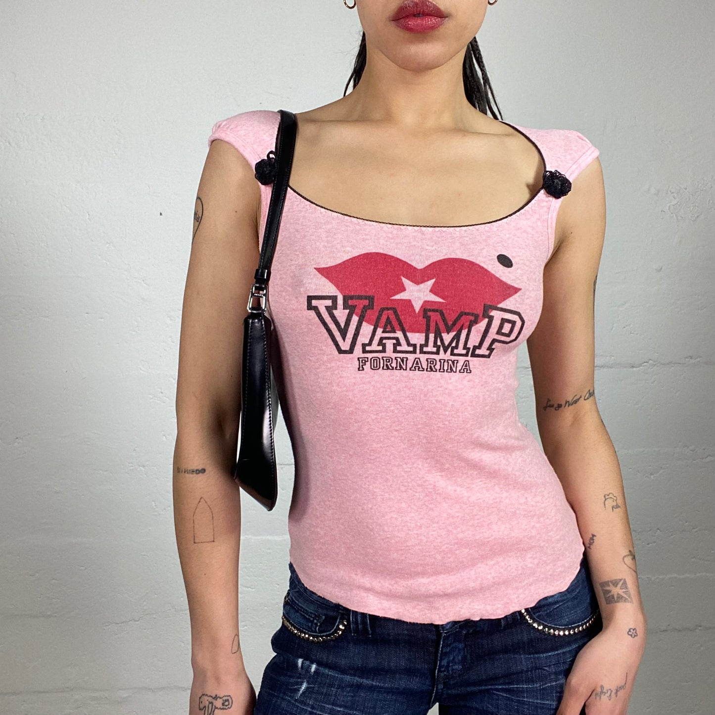 Vintage 90’s Coquette Pink Tank Top with Micro Sleeves and Vamp Typography Print (S)