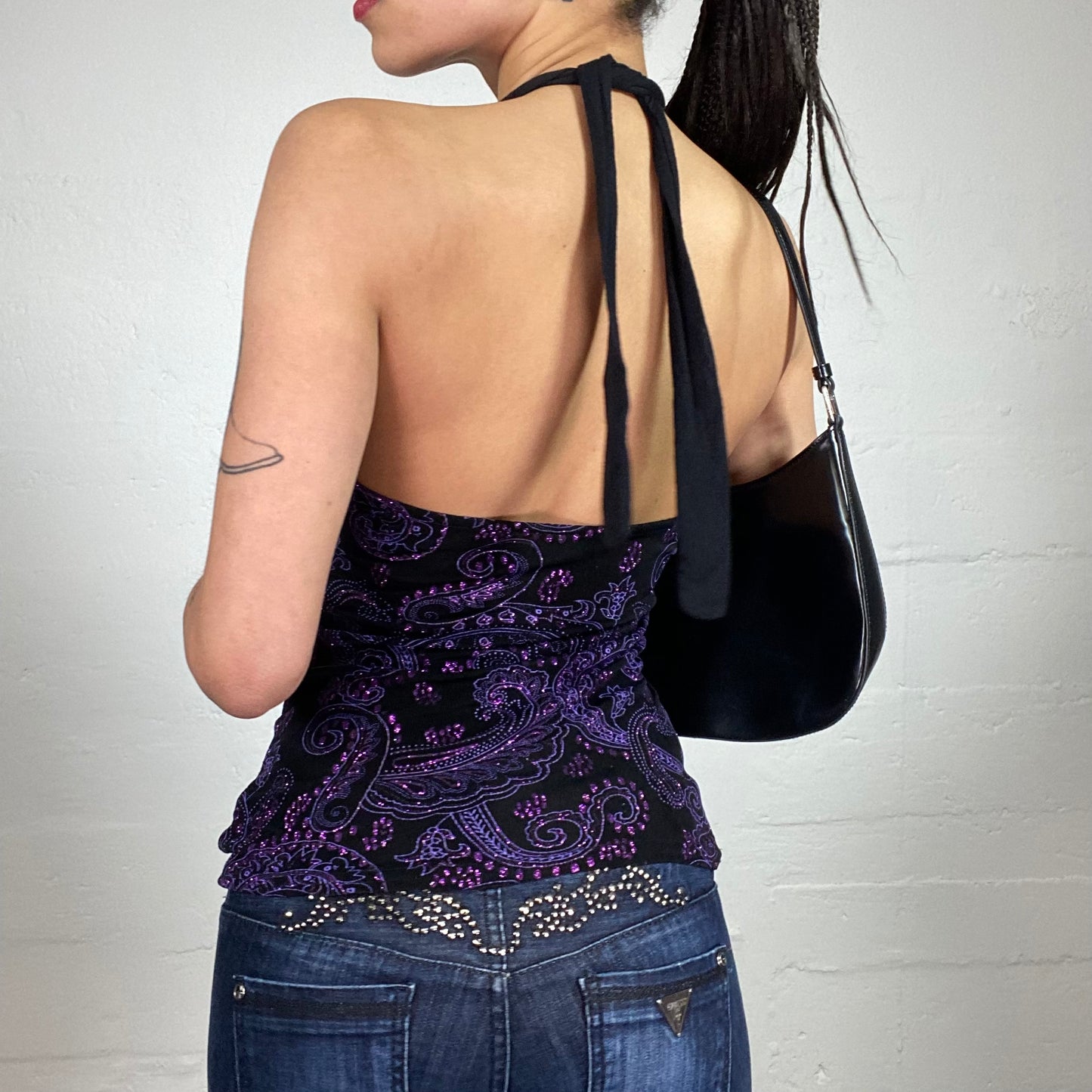 Vintage 2000’s Vampy Neckholder Top with Purple Shiny Rhinestone Embroidery and Neck Binding (S)