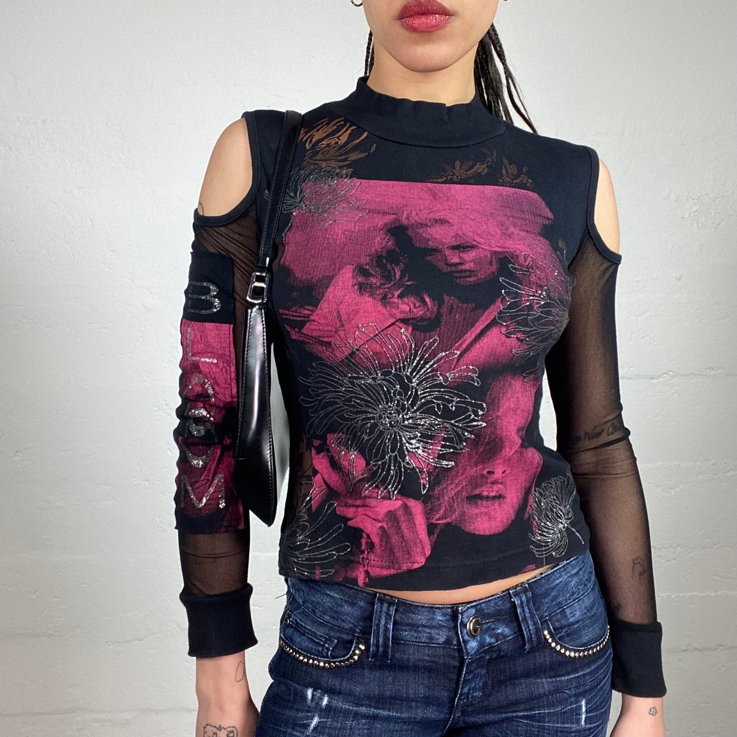 Vintage 90’s Grunge Girl Turtleneck Black and Pink Printed Shiny Embroidery Top with Mesh Long Sleeves and Shoulder Cut Outs (S)