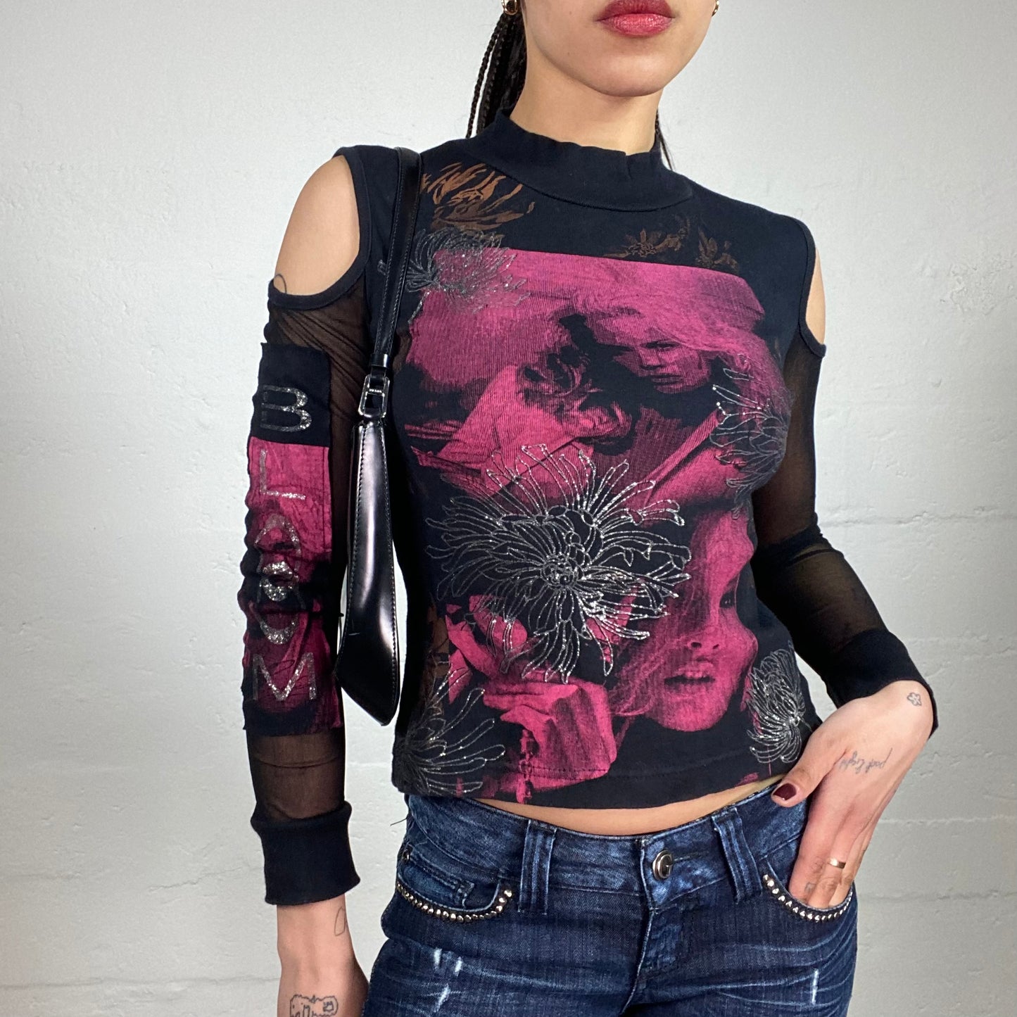 Vintage 90’s Grunge Girl Turtleneck Black and Pink Printed Shiny Embroidery Top with Mesh Long Sleeves and Shoulder Cut Outs (S)