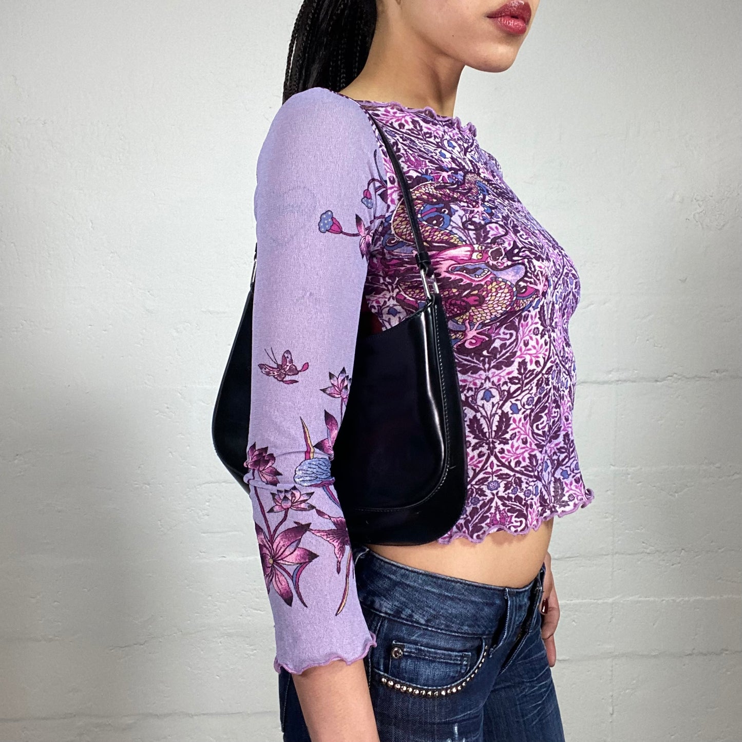 Vintage 2000’s Romantic Lavender Purple Printed 3/4 Sleeve Top with Burgundy Coloured Back (M)