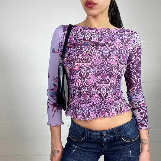 Vintage 2000’s Romantic Lavender Purple Printed 3/4 Sleeve Top with Burgundy Coloured Back (M)