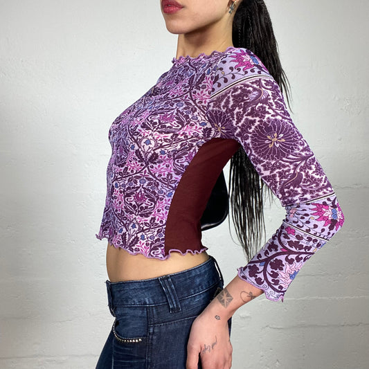 Vintage 2000’s Romantic Lavender Purple Printed 3/4 Sleeve Top with Burgundy Coloured Back (M)