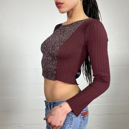 Pinko Downtown Girl Knitted Burgundy Longsleeve Cropped Top Combined with Shiny Knit Cut-Ins (S)
