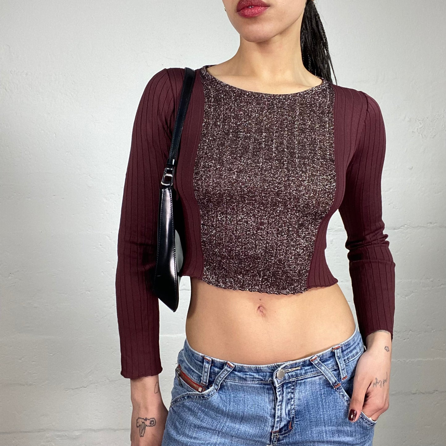 Pinko Downtown Girl Knitted Burgundy Longsleeve Cropped Top Combined with Shiny Knit Cut-Ins (S)