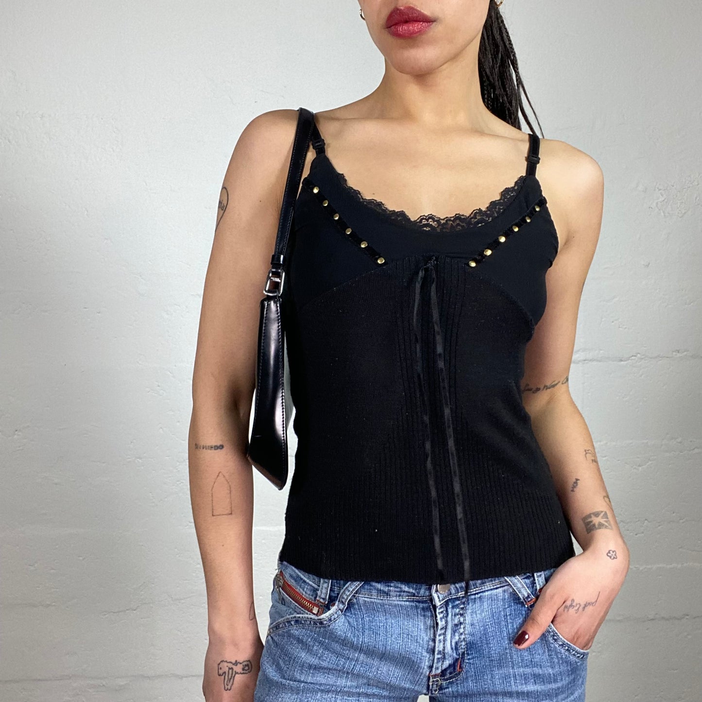 Vintage 90’s Coquette Black Knitted Cami Top with Lace Bra Part Decorated with Silky Ribbon (S)