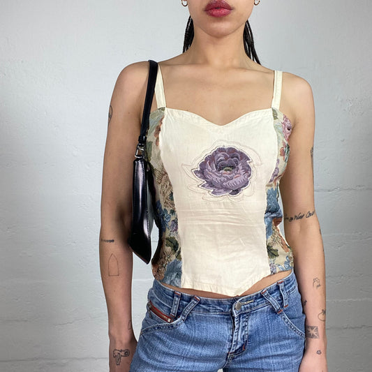 Vintage 2000’s Romantic Baroque Milky Colour Floral Print Cami Top with Back Button Up Closing (S)