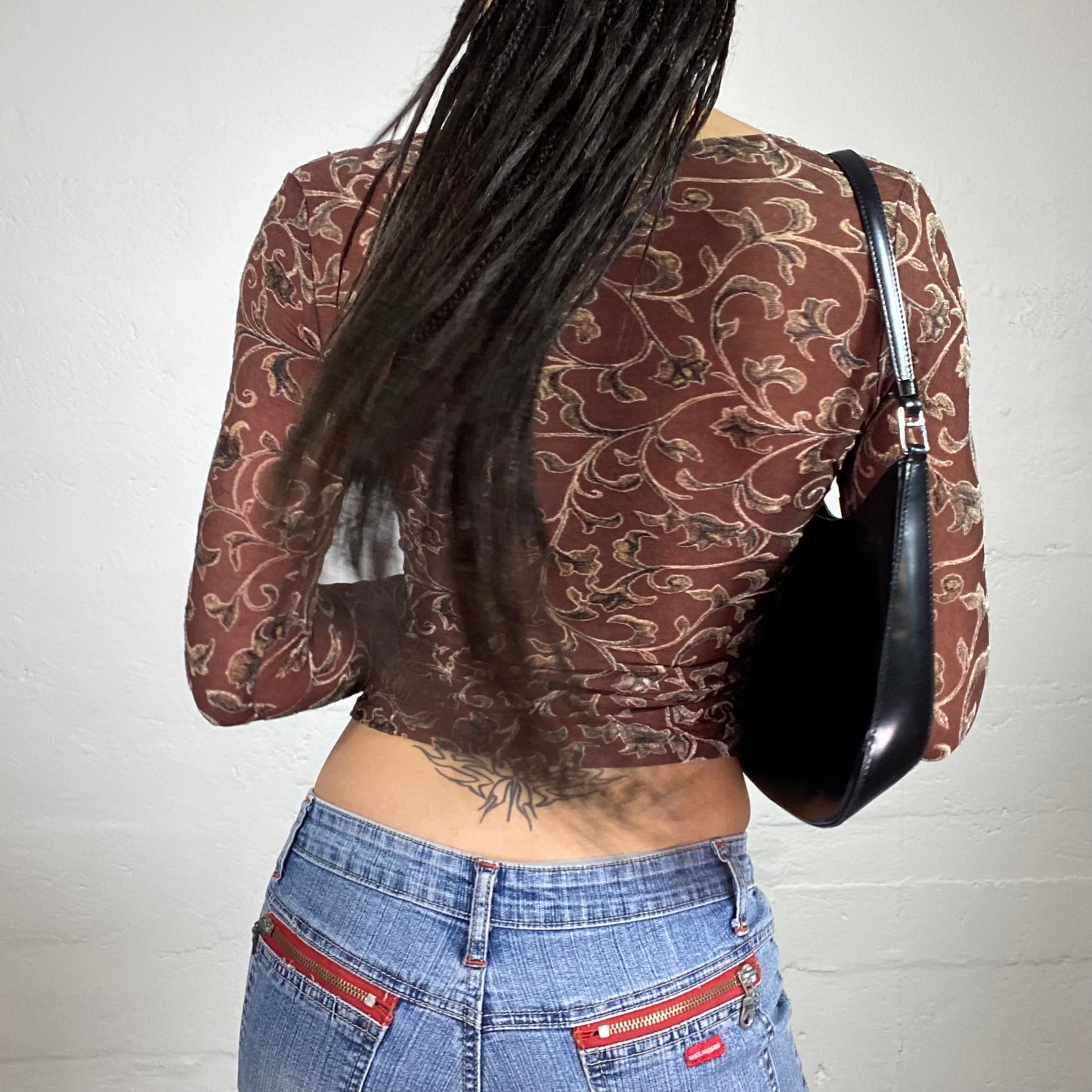 Vintage 2000’s Boho Girl Warm Brown Longsleeve Top See-Through Cropped with Matching Tone Print (S)