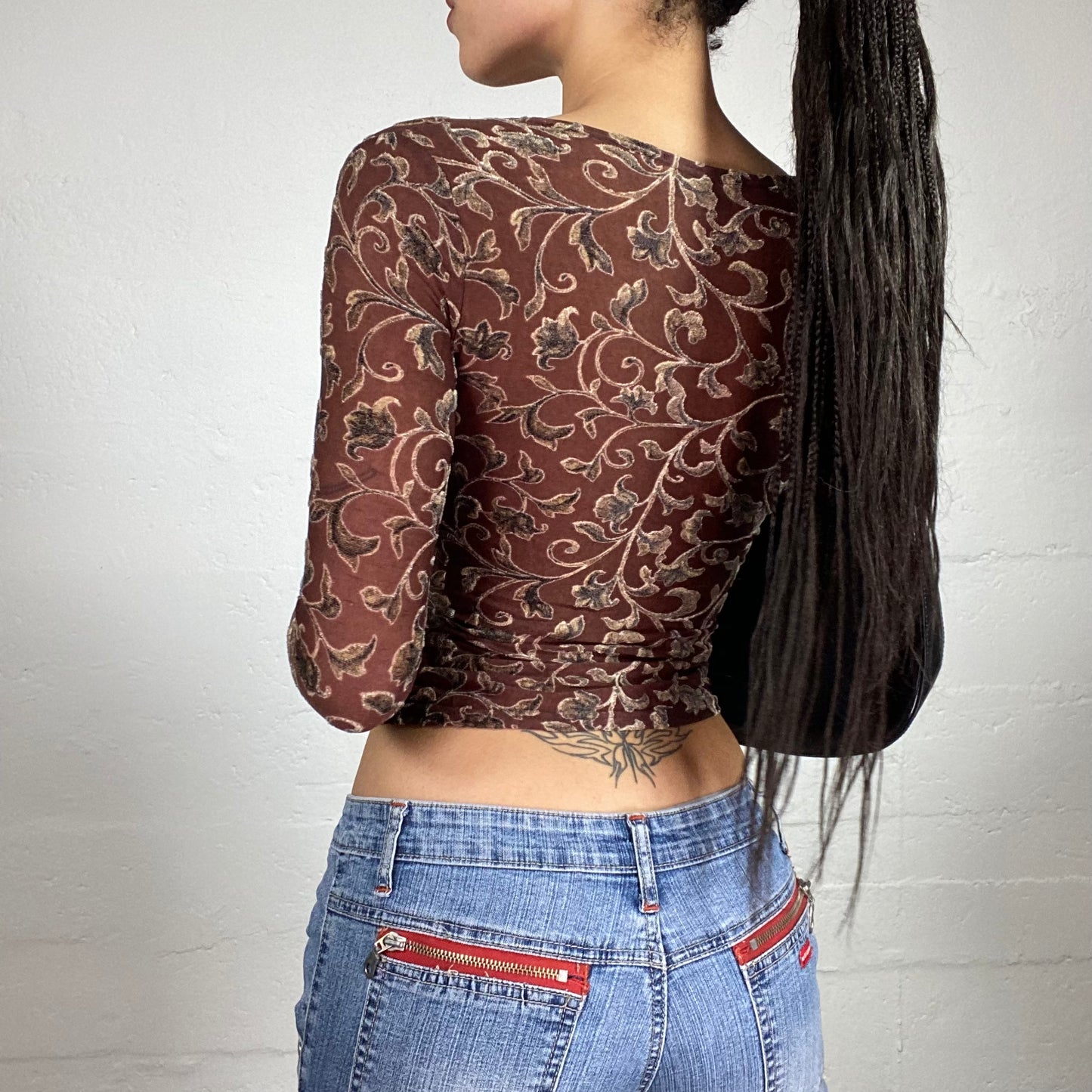 Vintage 2000’s Boho Girl Warm Brown Longsleeve Top See-Through Cropped with Matching Tone Print (S)