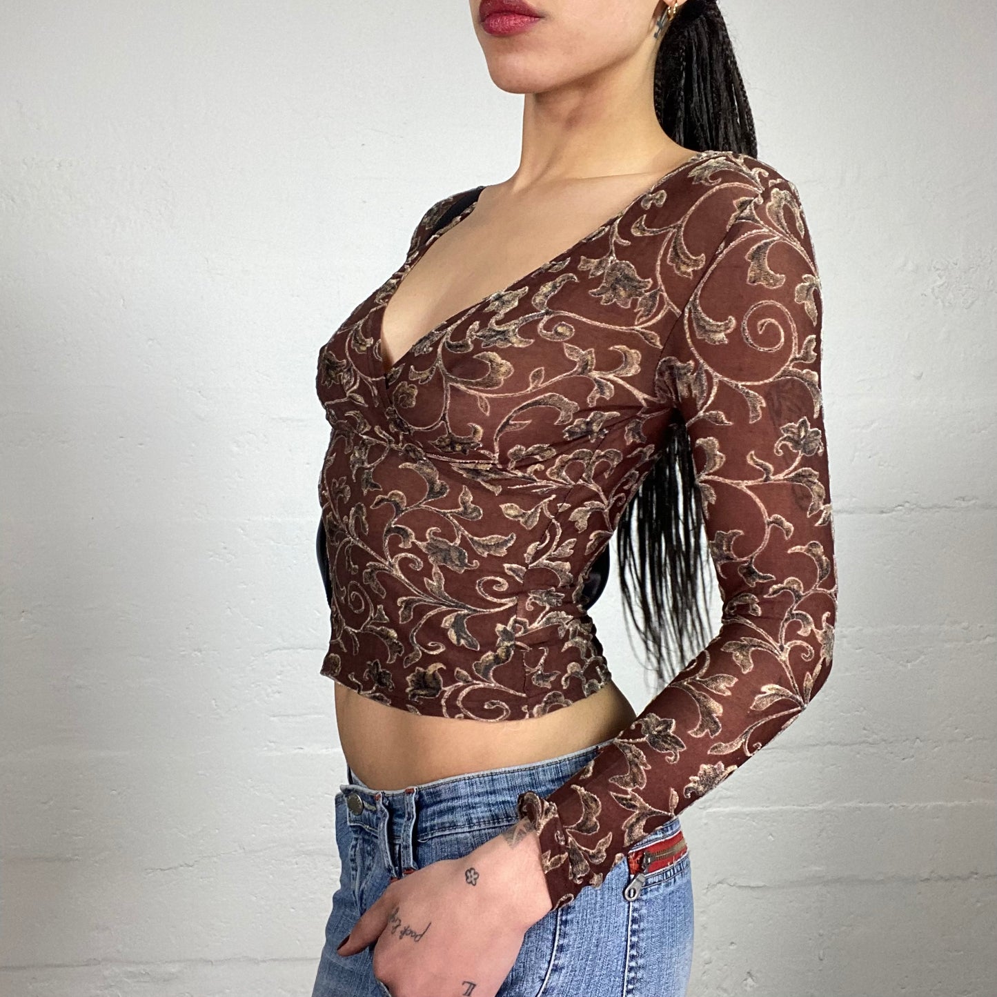 Vintage 2000’s Boho Girl Warm Brown Longsleeve Top See-Through Cropped with Matching Tone Print (S)