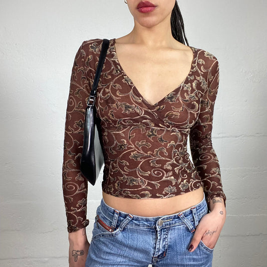 Vintage 2000’s Boho Girl Warm Brown Longsleeve Top See-Through Cropped with Matching Tone Print (S)