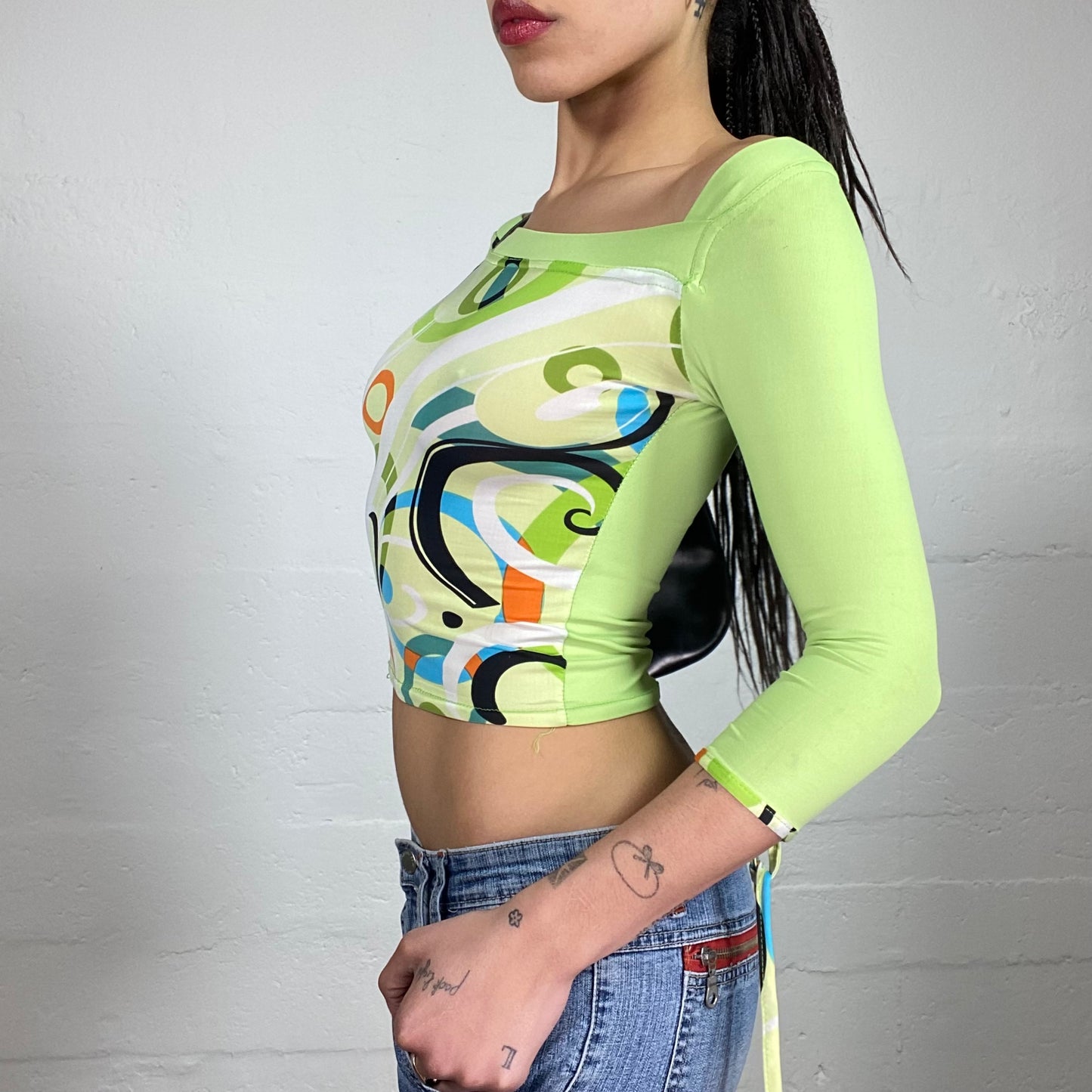 Vintage 2000’s Funky Pop Lime Green Off Shoulder 3/4 Sleeve Cropped Top with Abstract Print and Sleeve Ribbons (S)