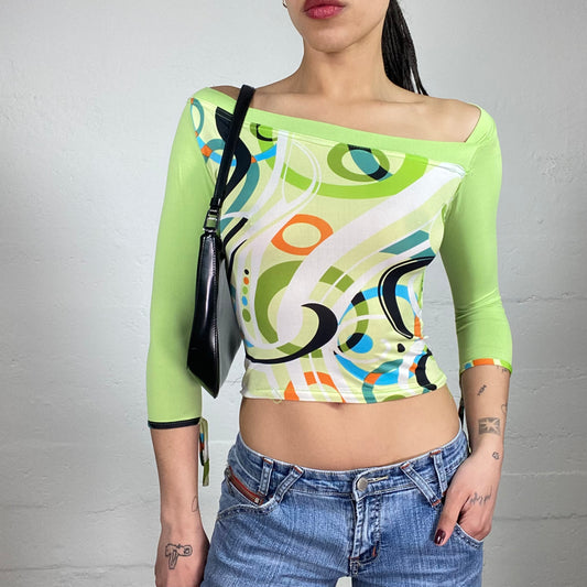 Vintage 2000’s Funky Pop Lime Green Off Shoulder 3/4 Sleeve Cropped Top with Abstract Print and Sleeve Ribbons (S)