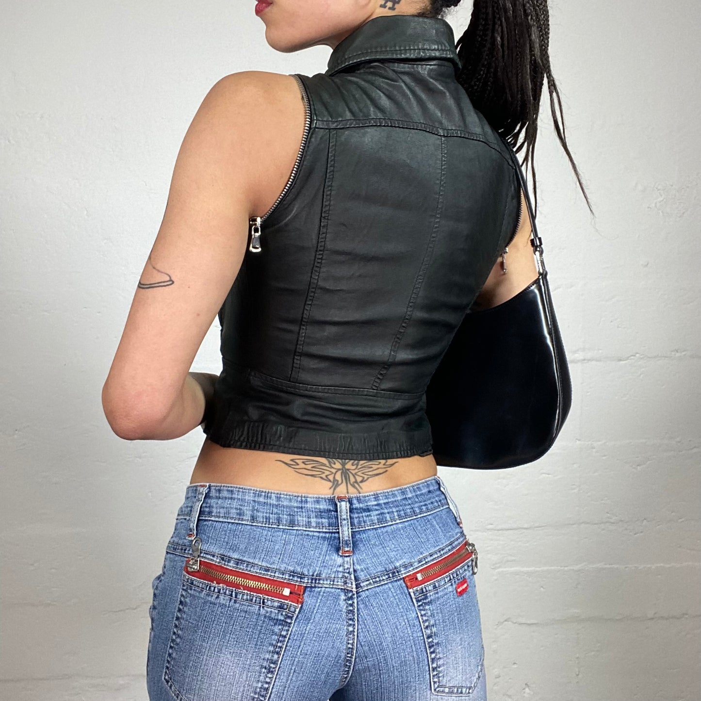 Vintage 90’s Biker Girl Leather Zip Up Black Cropped Vest Top (S)