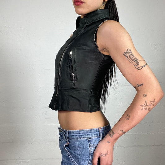 Vintage 90’s Biker Girl Leather Zip Up Black Cropped Vest Top (S)