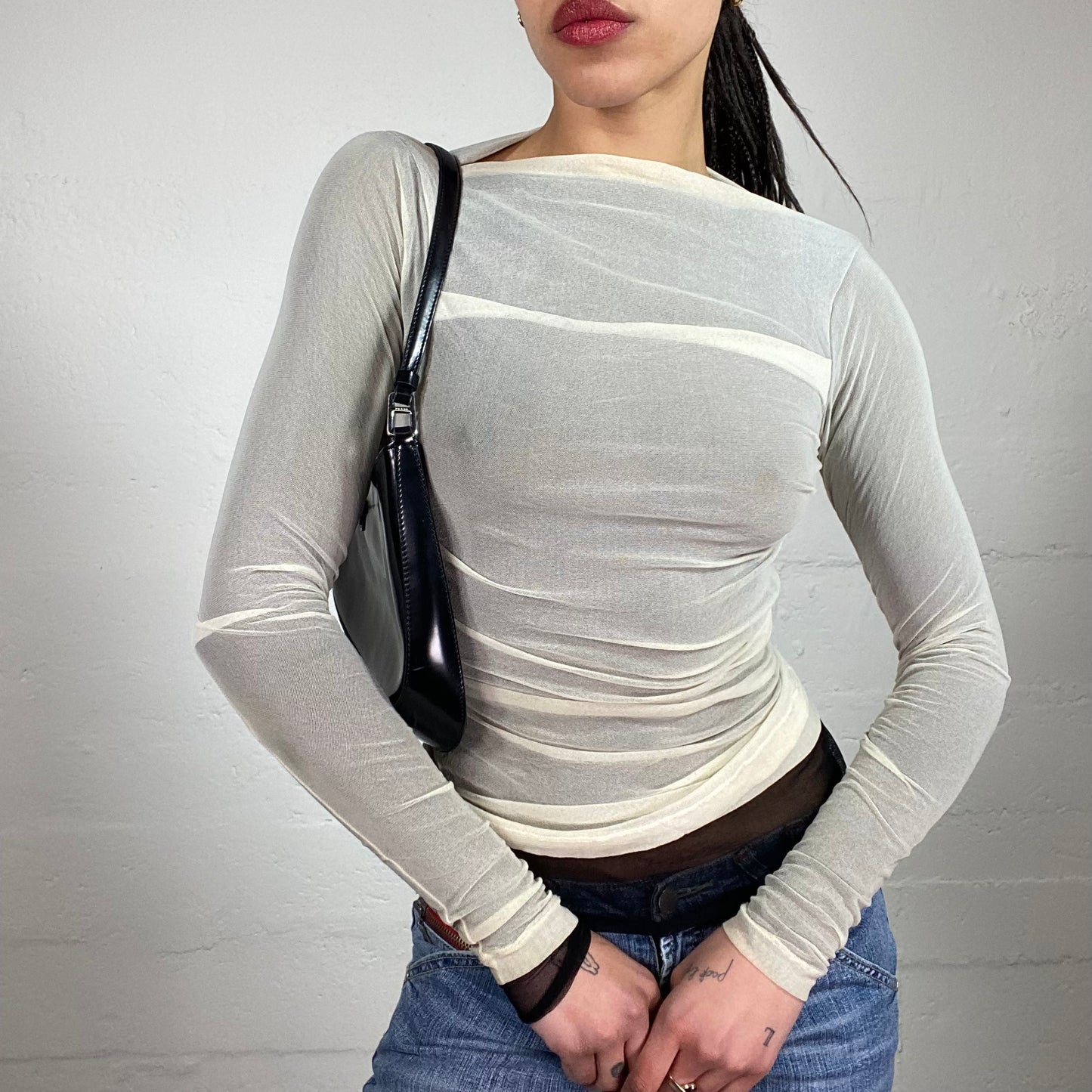 Vintage 2000’s Coquette White See-Through Mesh Layered Draped Longsleeve Top (M)