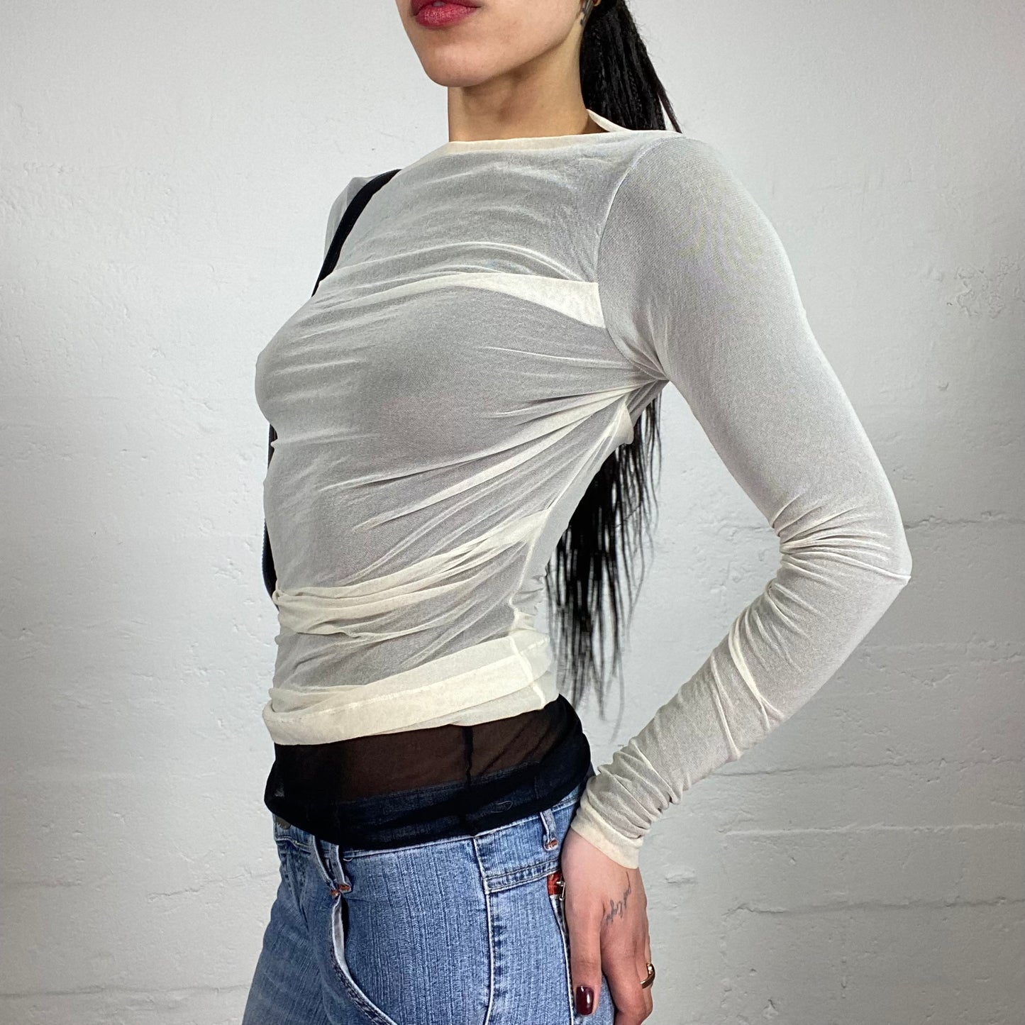 Vintage 2000’s Coquette White See-Through Mesh Layered Draped Longsleeve Top (M)