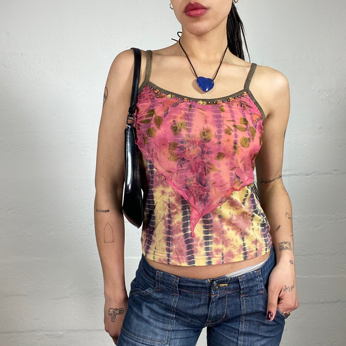 Vintage 2000’s Boho Tie-Dye Lemon Yellow and Coral Pink Layered Cami Top with Floral Printed Shiffon Detail (S)