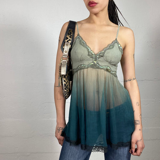 Vintage 2000’s Mermaid Faded Green Shiffon Longer Cami Top with Lace Decorated Trim and Sequins (S)