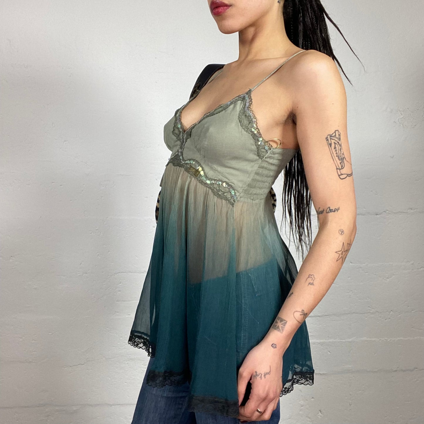 Vintage 2000’s Mermaid Faded Green Shiffon Longer Cami Top with Lace Decorated Trim and Sequins (S)